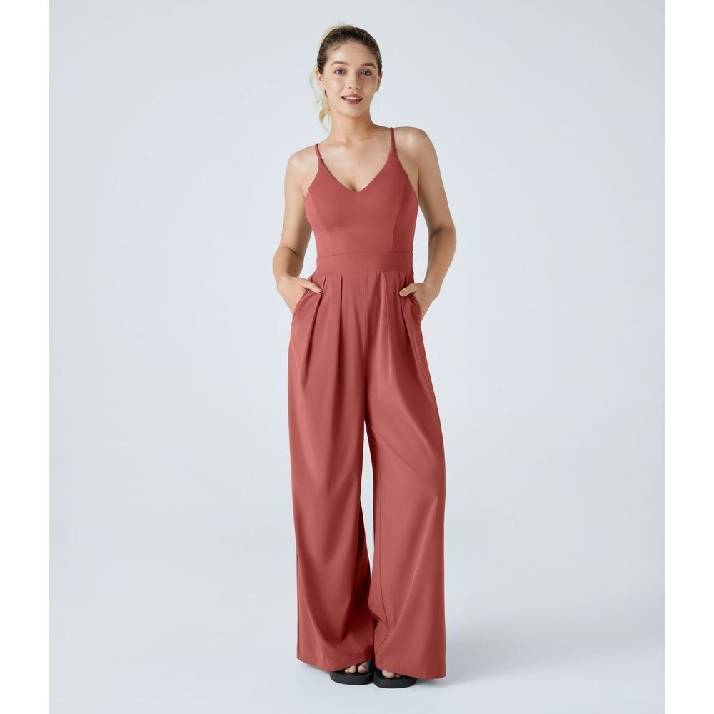 Backless Side Invisible Zipper Pocket‎ Wide Leg Quick Dry Resort Slip Jumpsuit